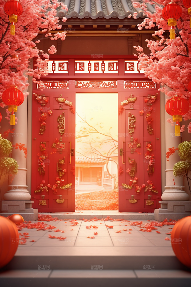 中式传统门楼开业促销背景图