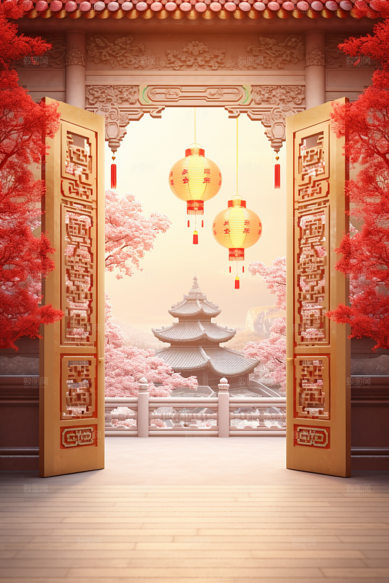 中式传统门楼开业大吉喜庆背景图