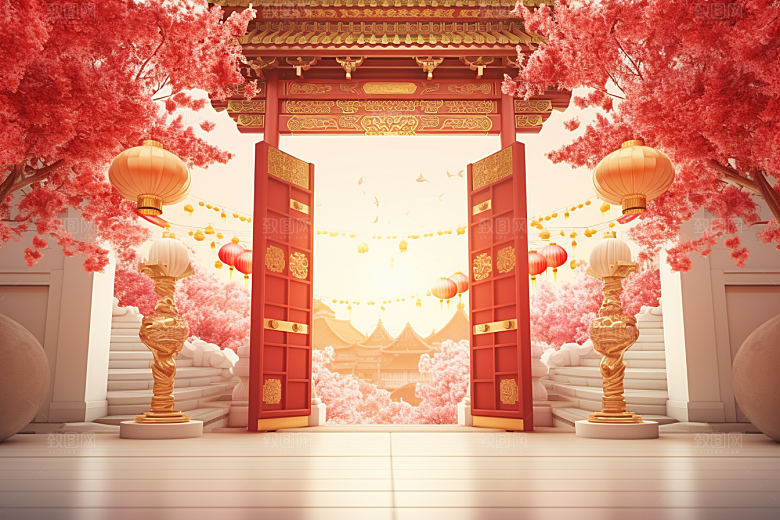 中式传统门楼直播火热背景图