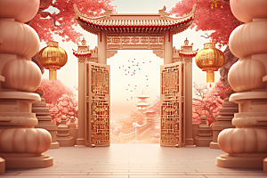 中式传统门楼国潮促销背景图