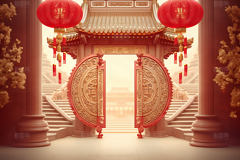 中式传统门楼开门红中国风背景图