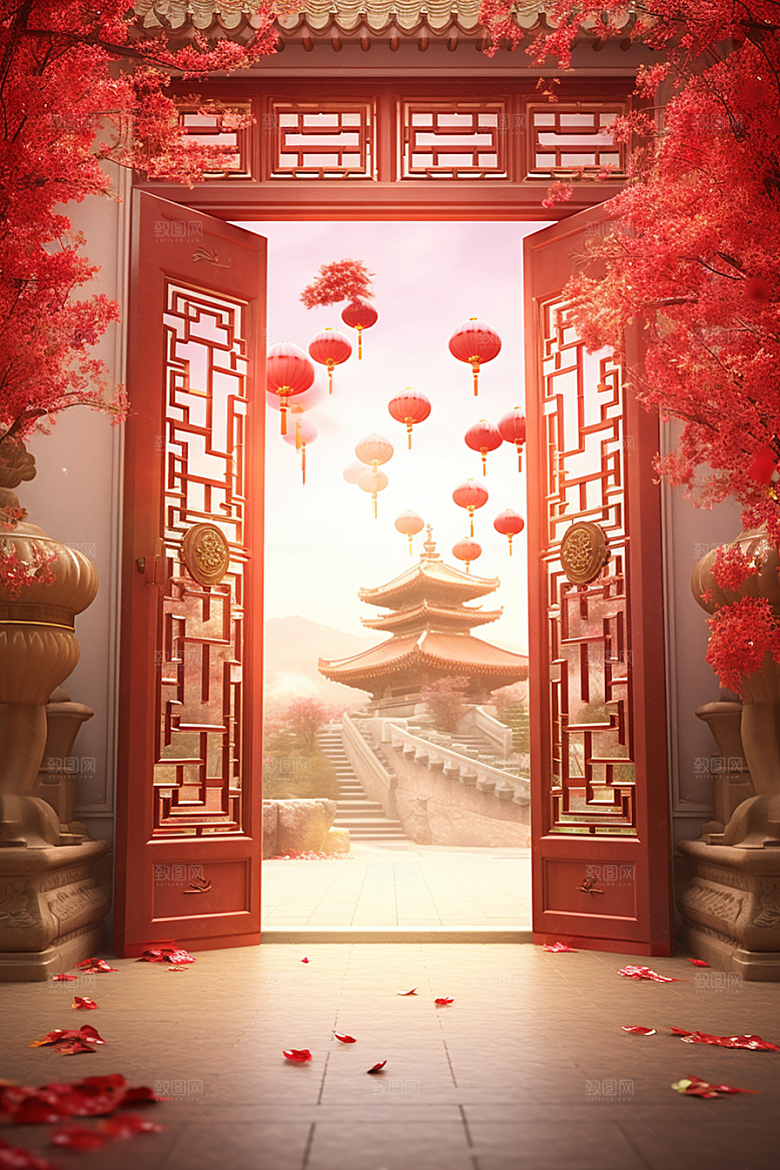 中式传统门楼国潮喜庆背景图