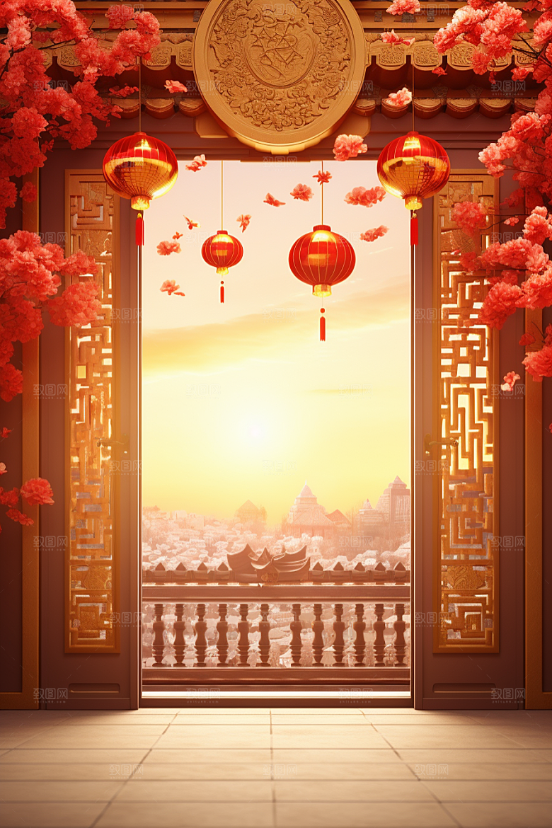 中式传统门楼开门红开业大吉背景图