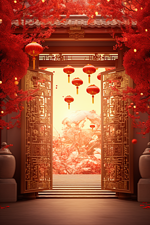 中式传统门楼直播开业背景图