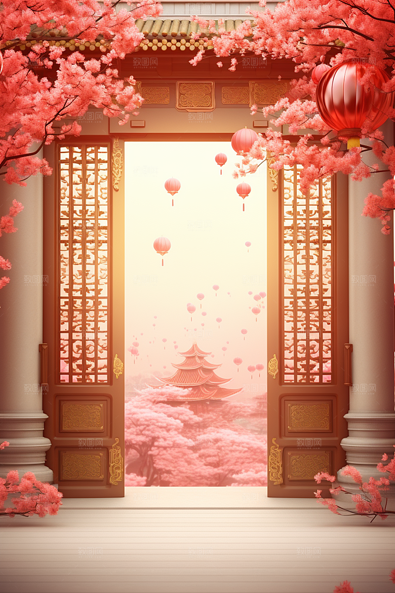 中式传统门楼开业大吉开门红背景图