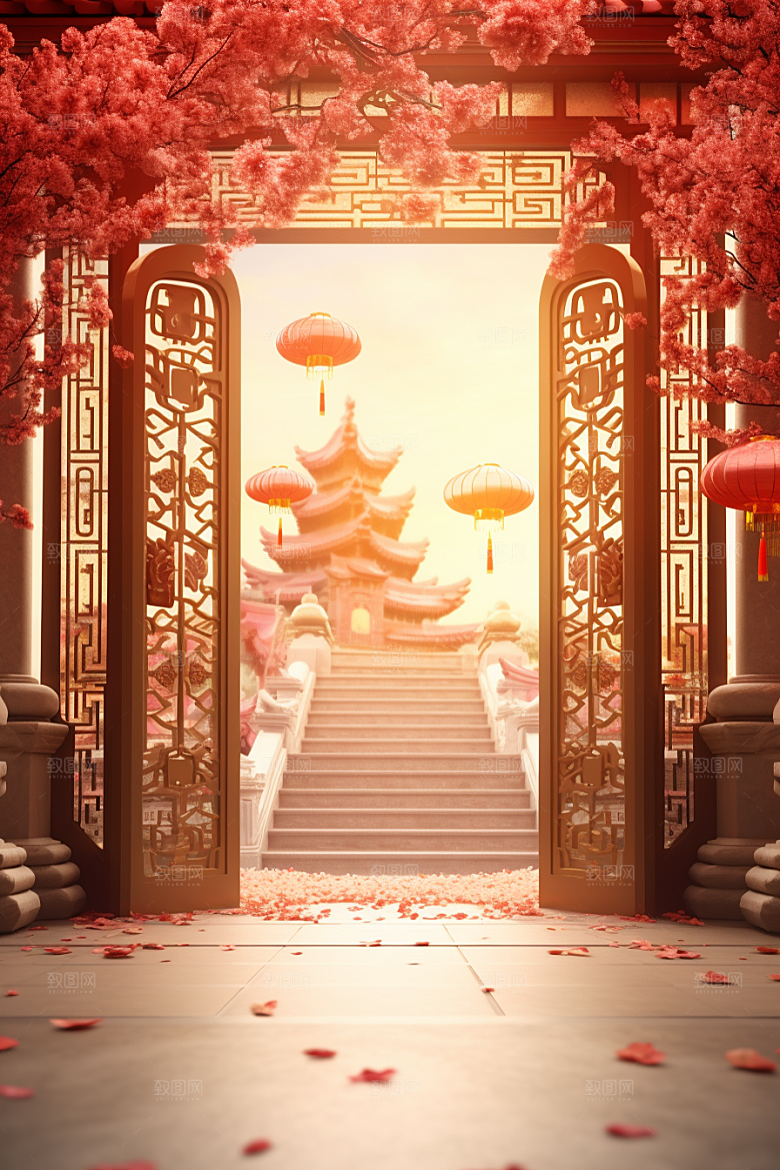 中式传统门楼火热中国风背景图