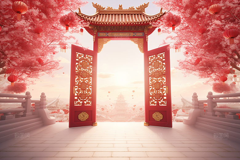 中式传统门楼火热促销背景图