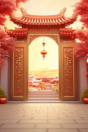 中式传统门楼开门红直播背景图