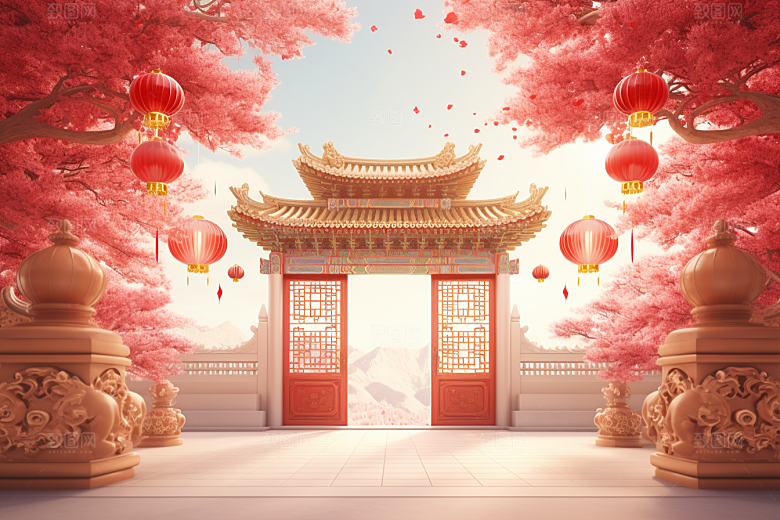 中式传统门楼促销喜庆背景图