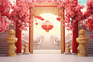 中式传统门楼促销火热背景图