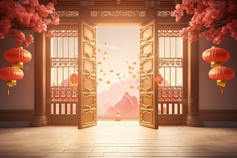 中式传统门楼火热开业背景图