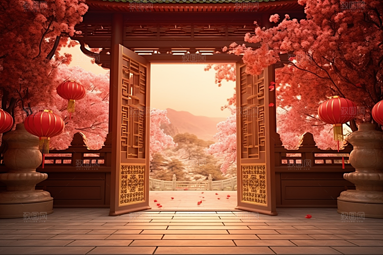 中式传统门楼开业大吉火热背景图