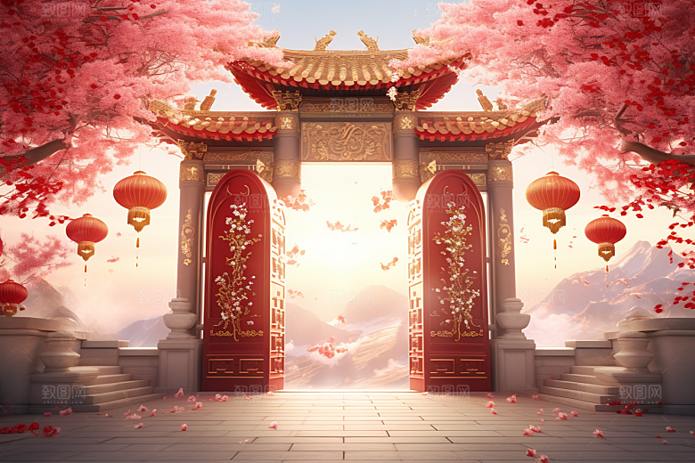 中式传统门楼开业大吉喜庆背景图