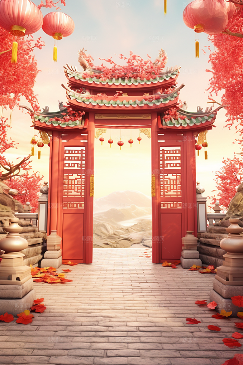 中式传统门楼开门红喜庆背景图
