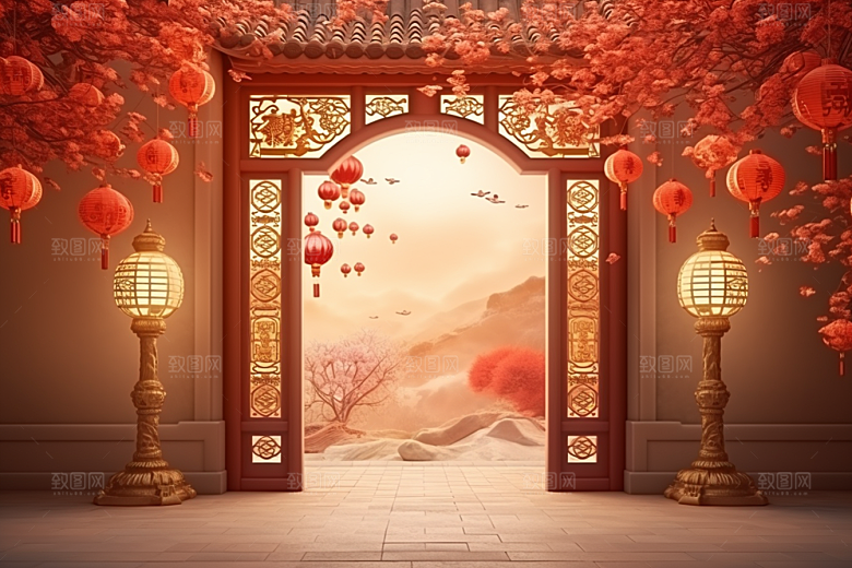 中式传统门楼火热开业大吉背景图