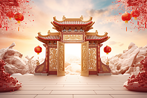 中式传统门楼直播火热背景图