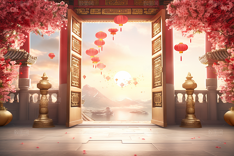 中式传统门楼开业开门红背景图