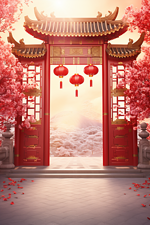 中式传统门楼开业大吉热卖背景图