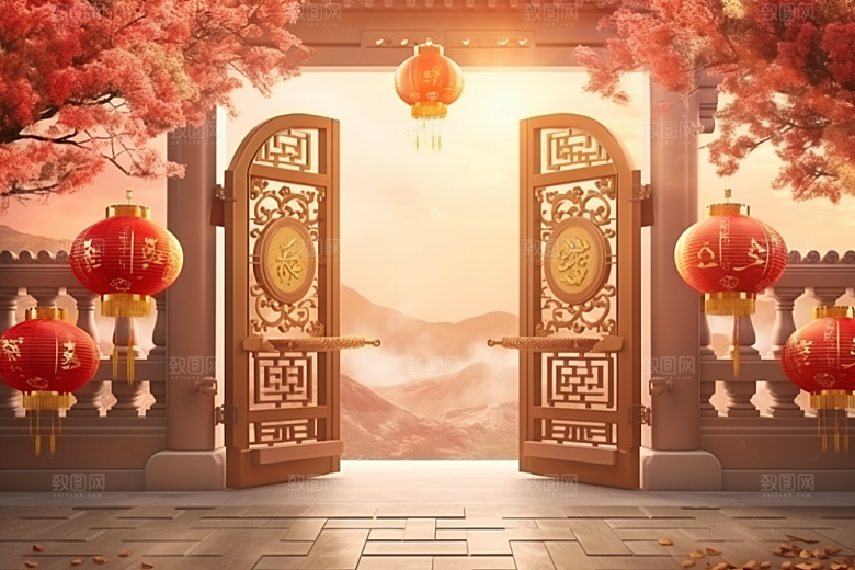 中式传统门楼国潮开业大吉背景图