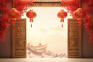 中式传统门楼喜庆促销背景图