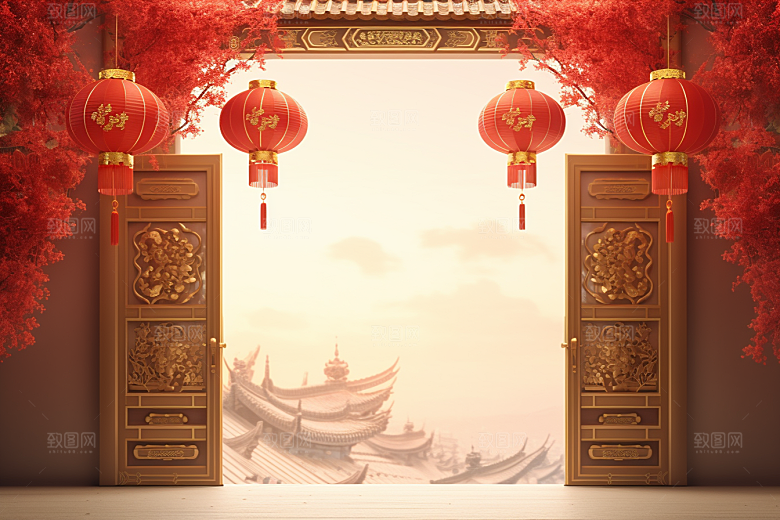 中式传统门楼喜庆促销背景图