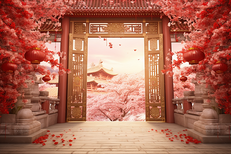 中式传统门楼促销火热背景图