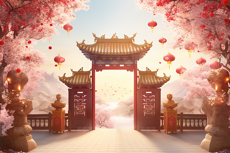 中式传统门楼国潮直播背景图