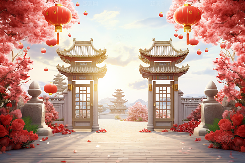 中式传统门楼火热直播背景图