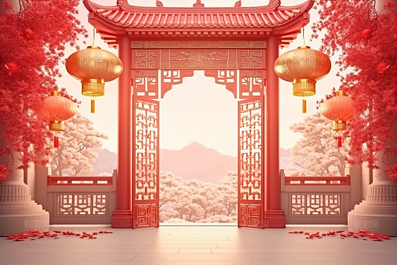 中式传统门楼开门红促销背景图