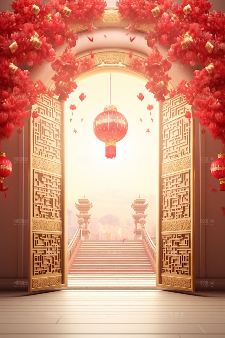 中式传统门楼直播促销背景图