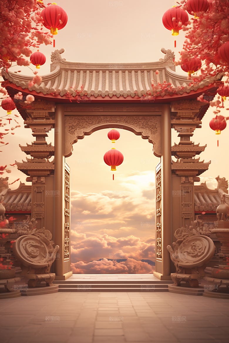 中式传统门楼热卖开门红背景图