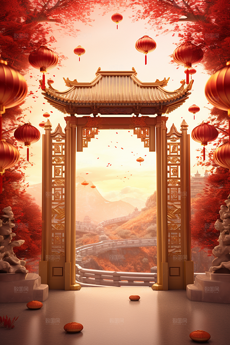 中式传统门楼火热中国风背景图