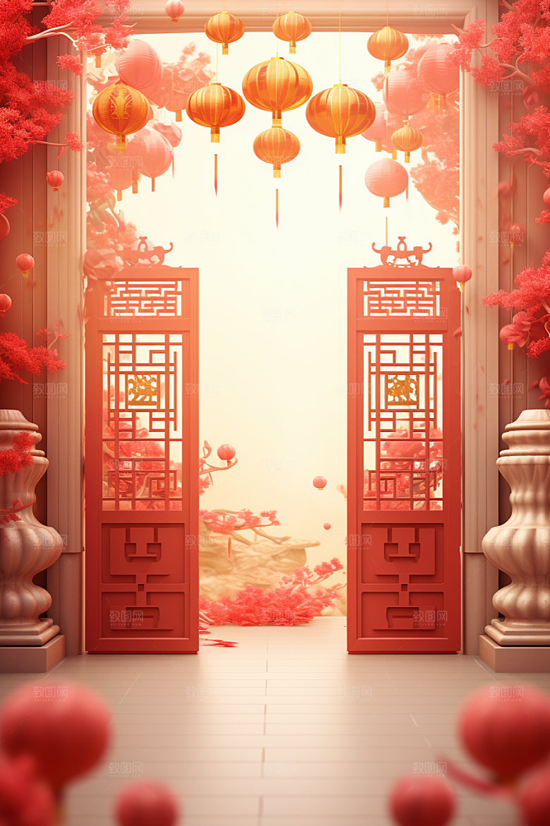 中式传统门楼国潮喜庆背景图