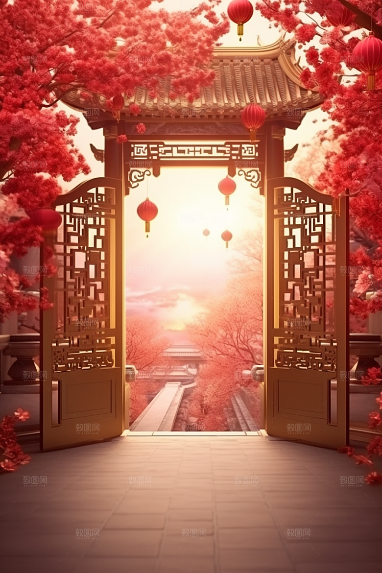 中式传统门楼直播促销背景图