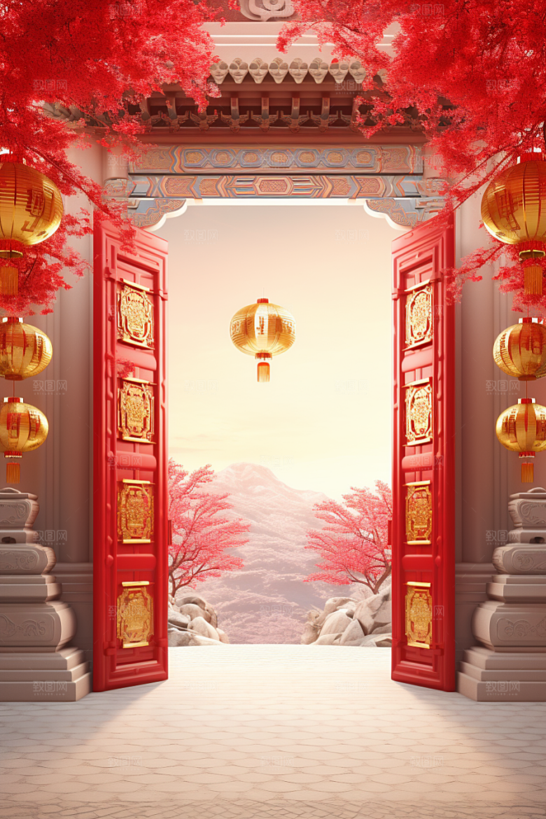 中式传统门楼开门红促销背景图