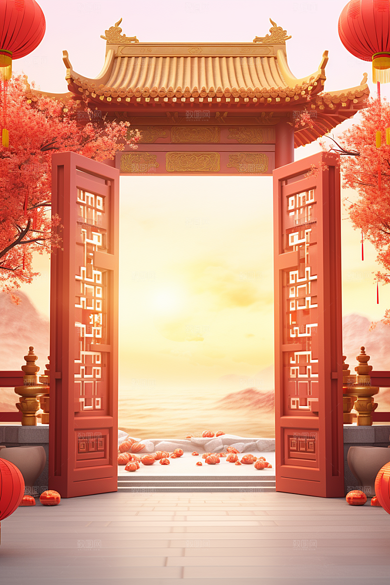 中式传统门楼火热中国风背景图