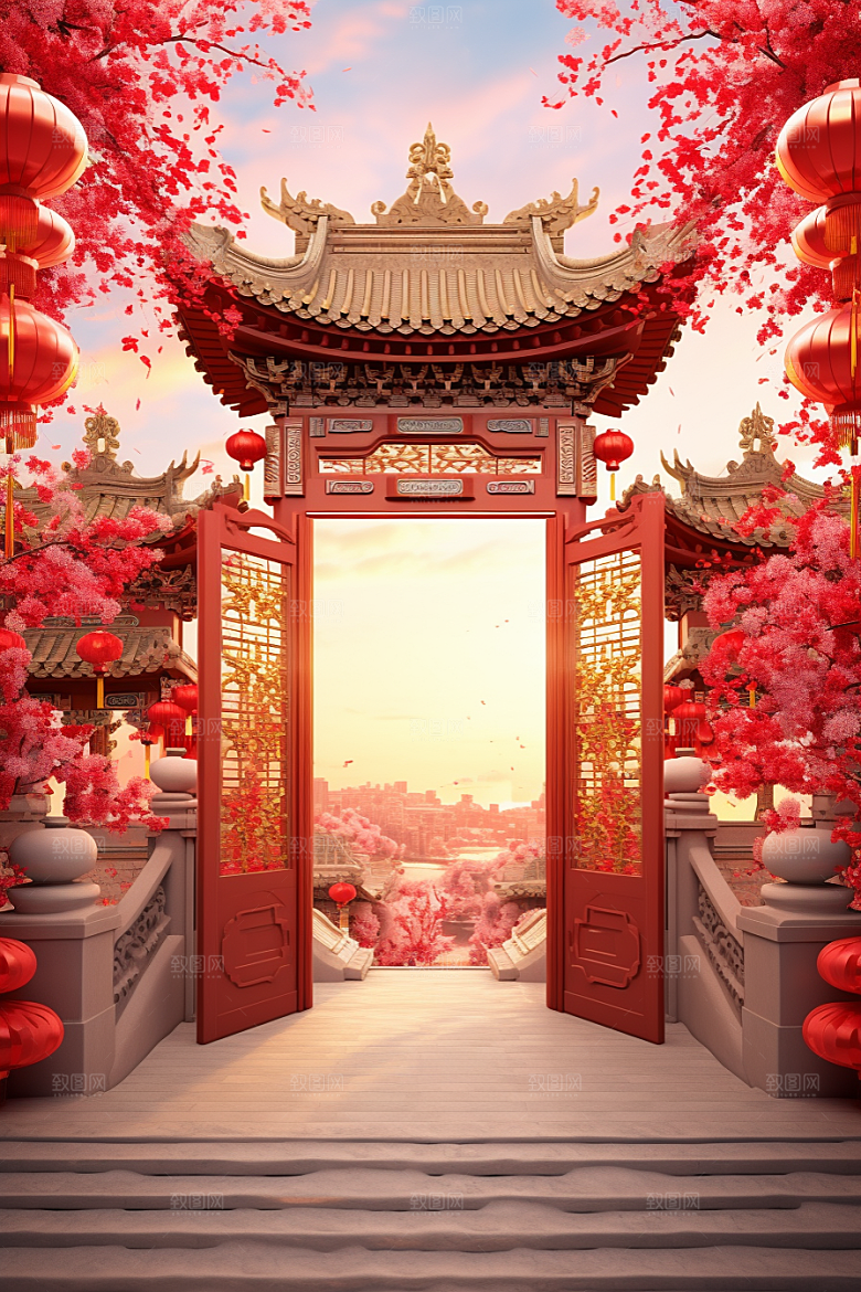 中式传统门楼开业大吉火热背景图
