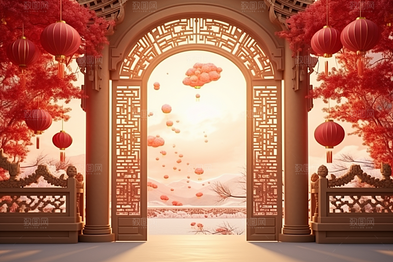 中式传统门楼开门红开业大吉背景图