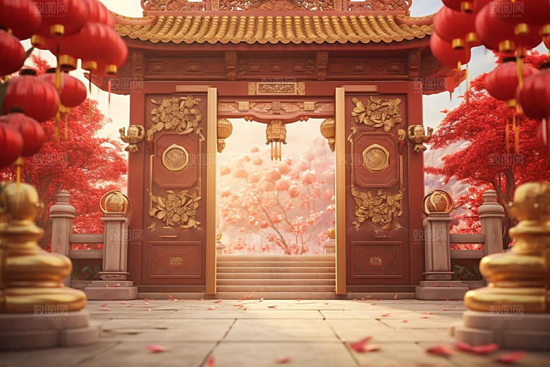 中式传统门楼开业促销背景图