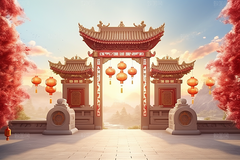 中式传统门楼热卖开门红背景图