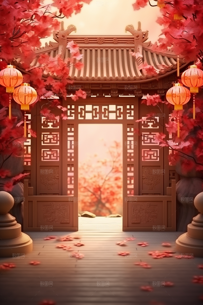中式传统门楼开业大吉国潮背景图