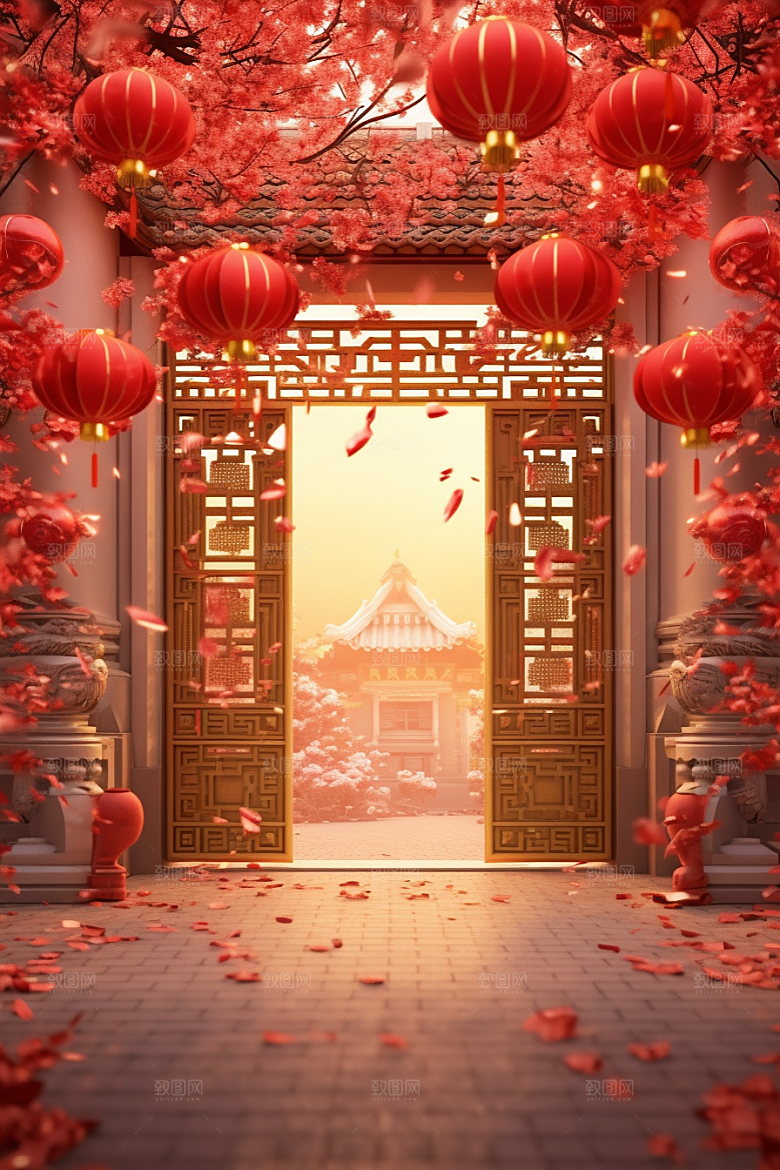 中式传统门楼开业大吉火热背景图
