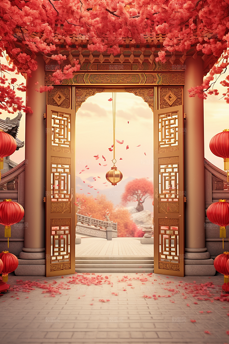 中式传统门楼喜庆开业背景图