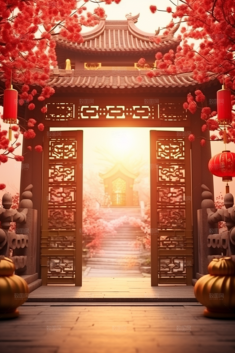 中式传统门楼热卖促销背景图