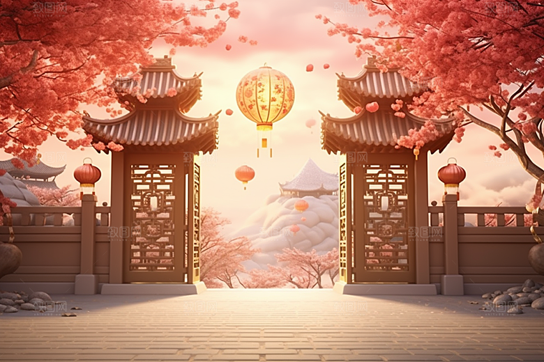 中式传统门楼火热开门红背景图