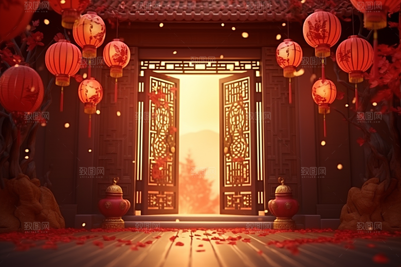 中式传统门楼促销喜庆背景图