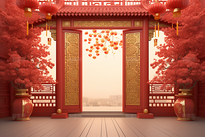 中式传统门楼中国风开业背景图