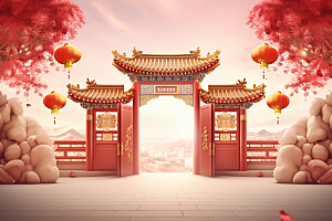 中式传统门楼开业直播背景图