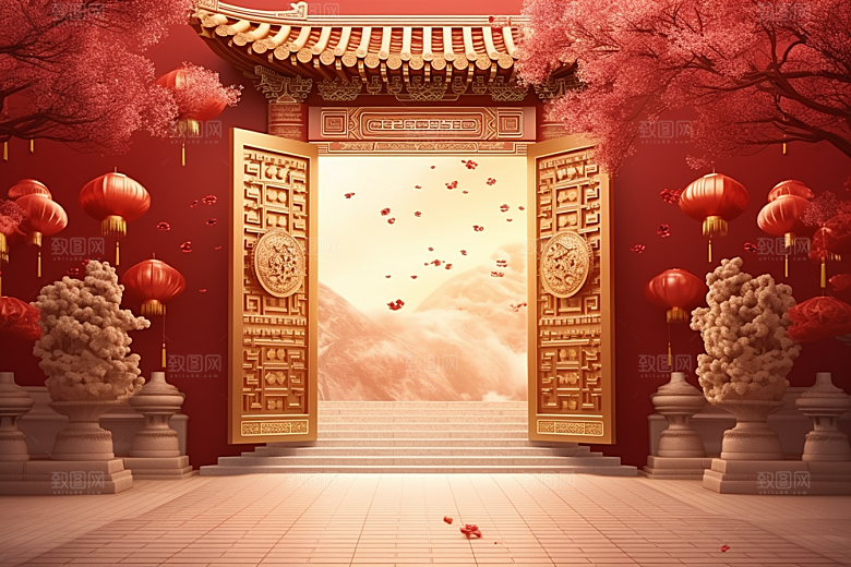 中式传统门楼促销开业大吉背景图