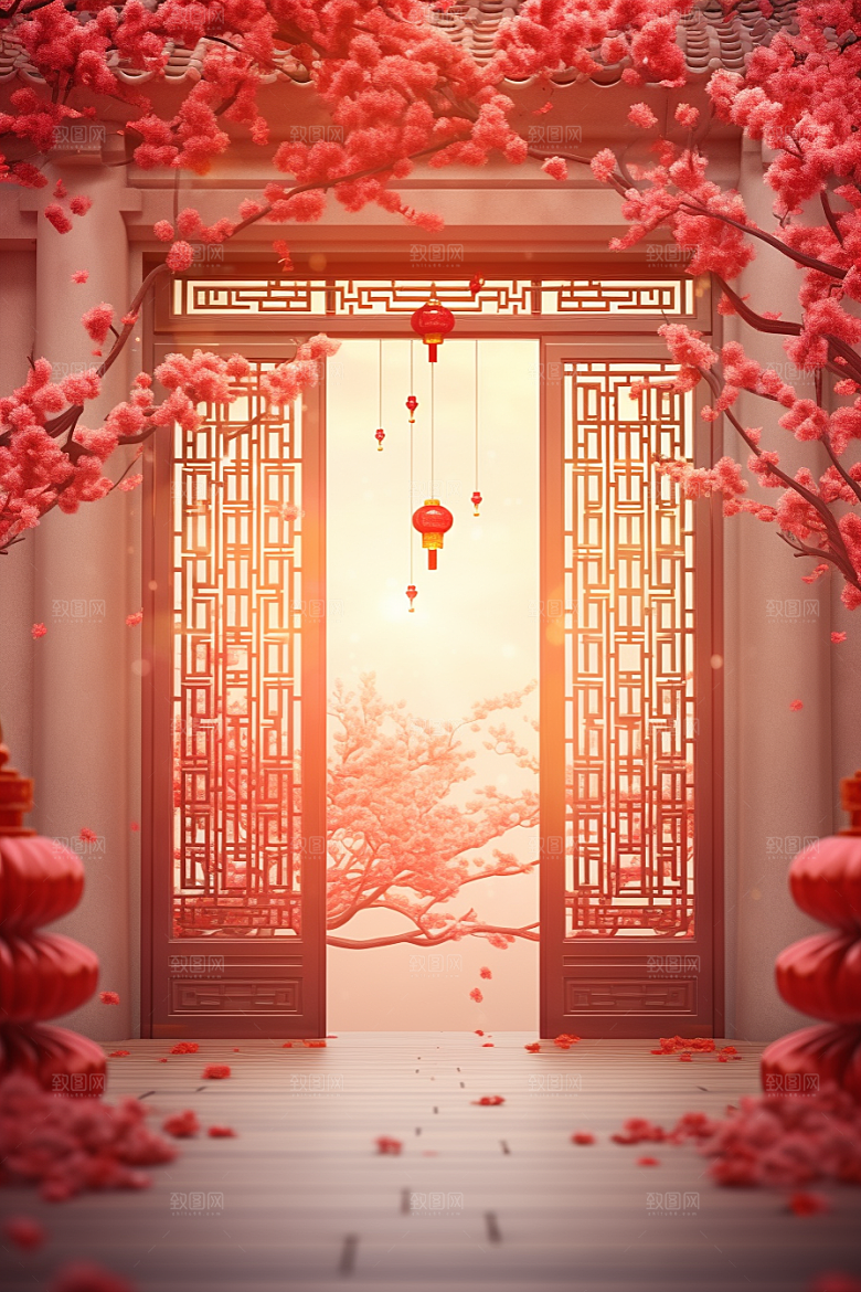 中式传统门楼火热喜庆背景图
